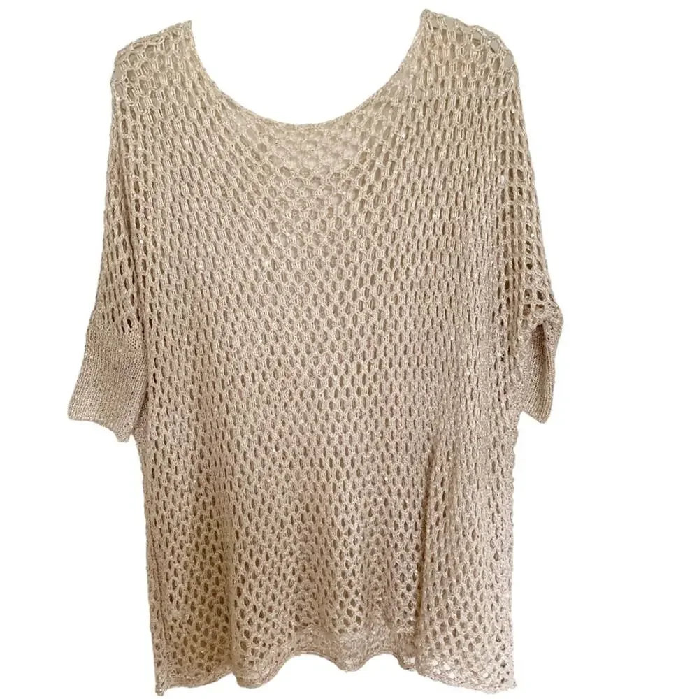 Dolce Cabo Oatmeal Metallic Sequin Open Weave Crochet Coverup XL